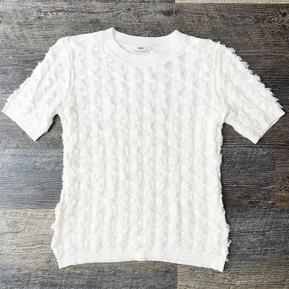 EDUN white fringe crewneck short sleeve sweater top XS